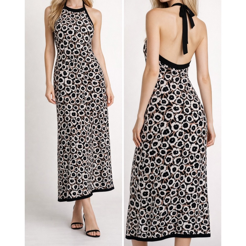 Diane Von Fustenberg Long Halter Dress Heavy‎ Knit Abstract Size Large
